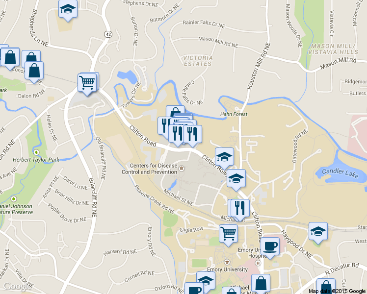 map of restaurants, bars, coffee shops, grocery stores, and more near Clifton Rd NE in Atlanta