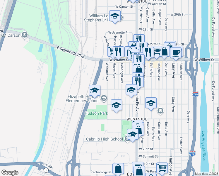 map of restaurants, bars, coffee shops, grocery stores, and more near 2033 West Burnett Street in Long Beach