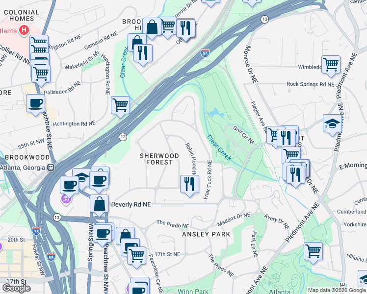 map of restaurants, bars, coffee shops, grocery stores, and more near 340 Robin Hood Road Northeast in Atlanta