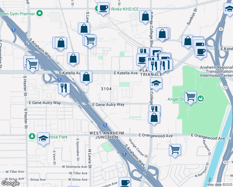 map of restaurants, bars, coffee shops, grocery stores, and more near 1866 South Westside Drive in Anaheim