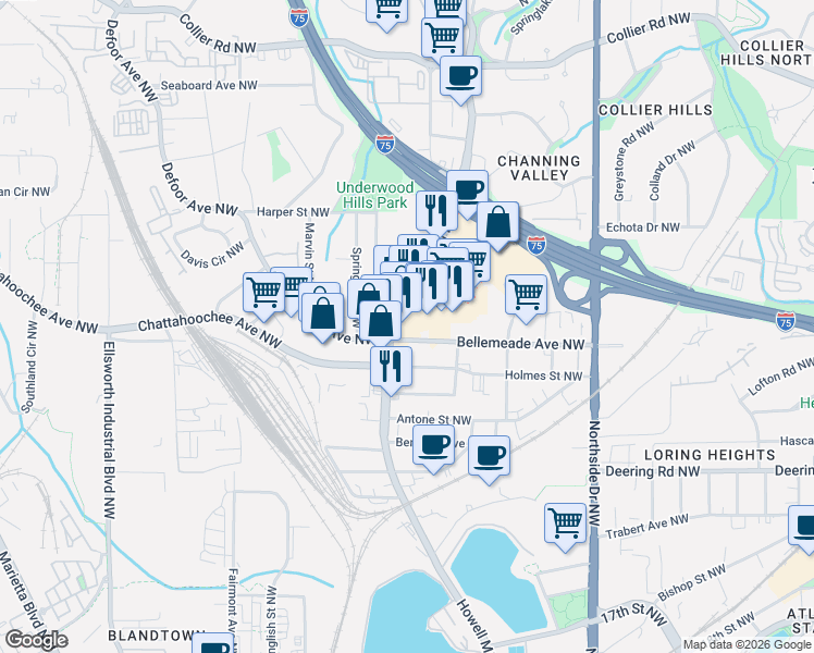 map of restaurants, bars, coffee shops, grocery stores, and more near 1709 Howell Mill Road Northwest in Atlanta