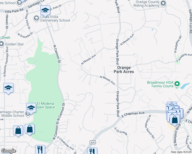 map of restaurants, bars, coffee shops, grocery stores, and more near 11107 North Meads Avenue in Orange