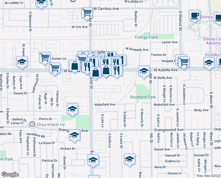 map of restaurants, bars, coffee shops, grocery stores, and more near 1643 W Dudley Ave in Anaheim