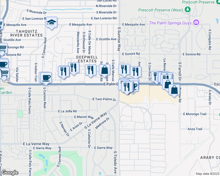 map of restaurants, bars, coffee shops, grocery stores, and more near 1655 East Palm Canyon Drive in Palm Springs