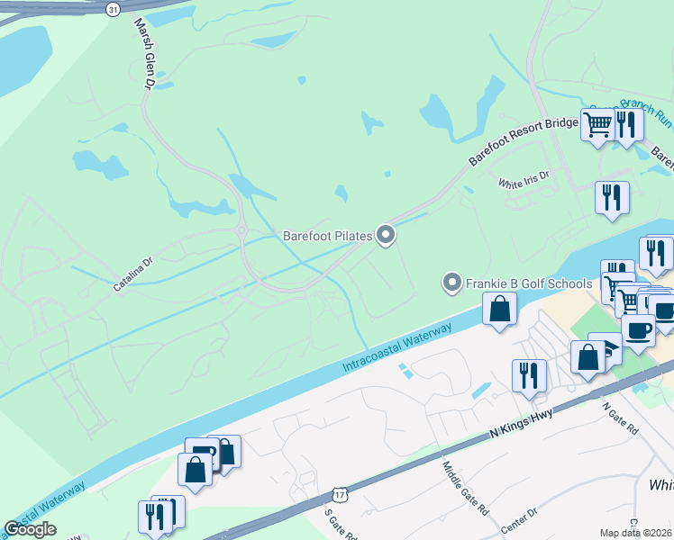 map of restaurants, bars, coffee shops, grocery stores, and more near 2314 Via Palma Drive in North Myrtle Beach