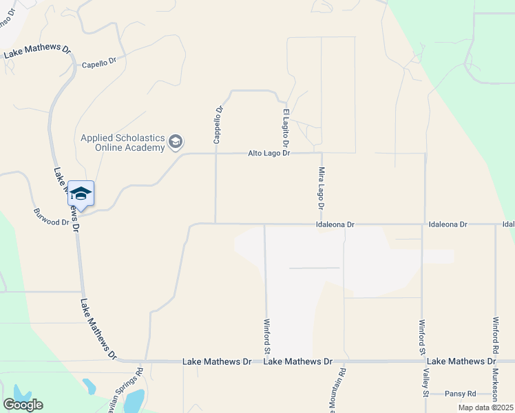 map of restaurants, bars, coffee shops, grocery stores, and more near 17751 Lake Mathews Drive in Perris