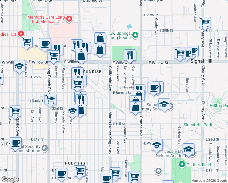 map of restaurants, bars, coffee shops, grocery stores, and more near 1005 East Burnett Street in Signal Hill