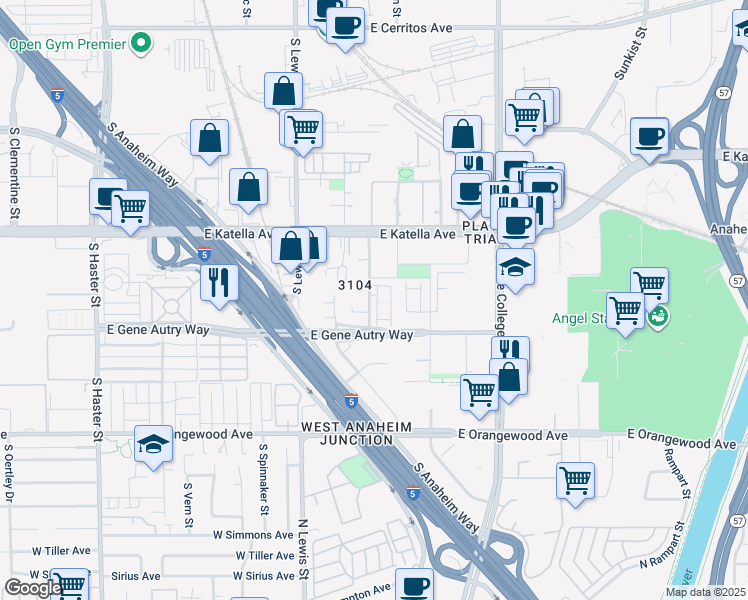 map of restaurants, bars, coffee shops, grocery stores, and more near 1860 South Westside Drive in Anaheim