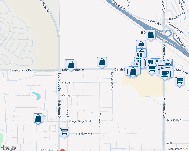 map of restaurants, bars, coffee shops, grocery stores, and more near 160 Saint Thomas Place in Rancho Mirage