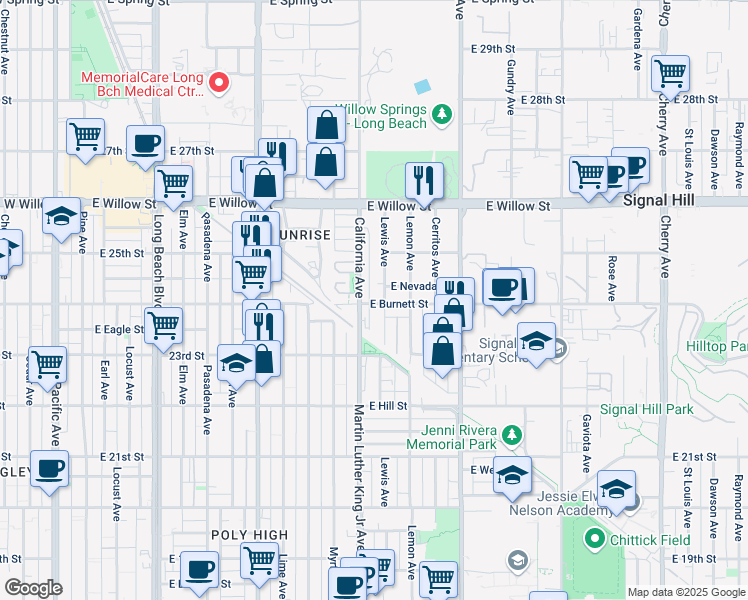 map of restaurants, bars, coffee shops, grocery stores, and more near 1015 East Burnett Street in Signal Hill