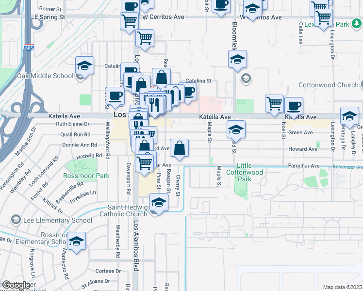 map of restaurants, bars, coffee shops, grocery stores, and more near 3721 Howard Avenue in Los Alamitos