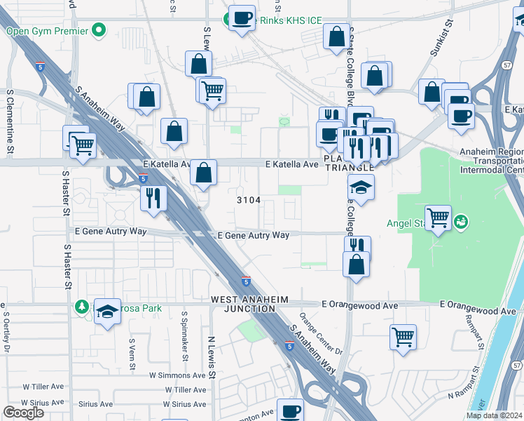 map of restaurants, bars, coffee shops, grocery stores, and more near 1860 South Westside Drive in Anaheim