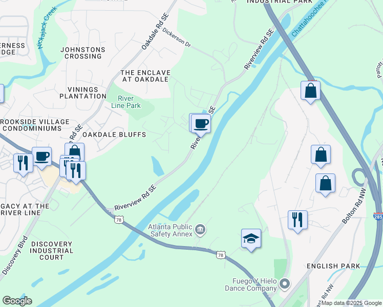 map of restaurants, bars, coffee shops, grocery stores, and more near 6260 Riverview Road Southeast in Mableton
