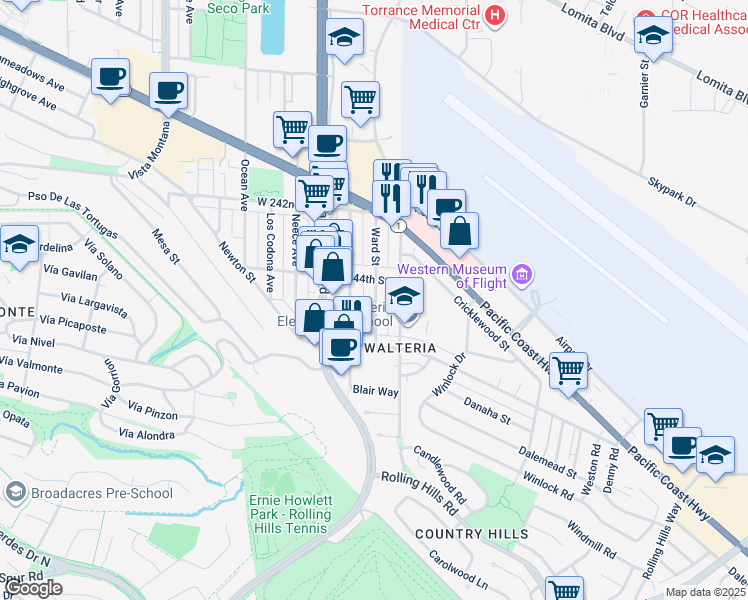 map of restaurants, bars, coffee shops, grocery stores, and more near 24421 Ward Street in Torrance