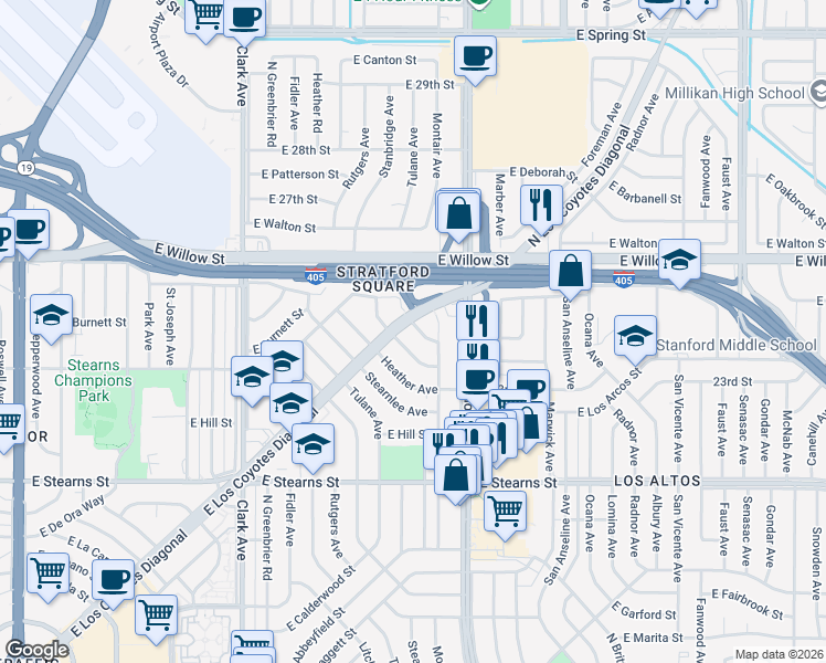 map of restaurants, bars, coffee shops, grocery stores, and more near 2451 Terraine Avenue in Long Beach
