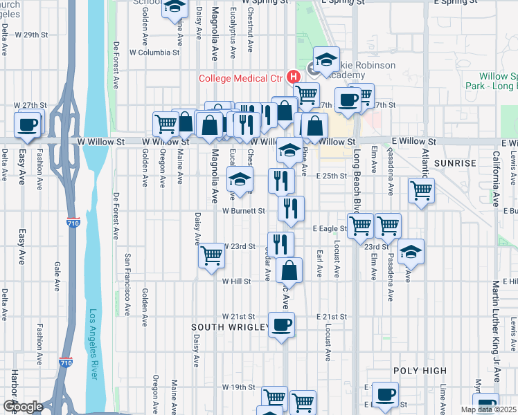 map of restaurants, bars, coffee shops, grocery stores, and more near 323 West Burnett Street in Long Beach