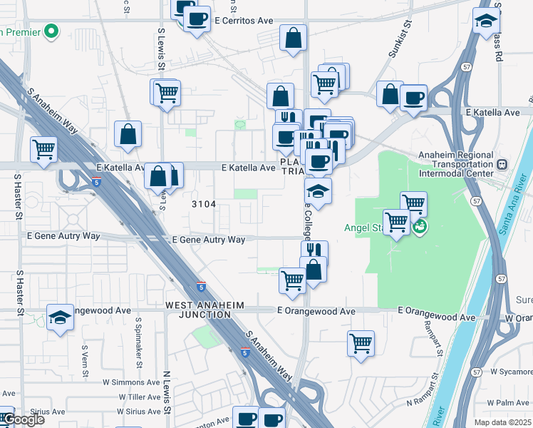 map of restaurants, bars, coffee shops, grocery stores, and more near 1874 Union Street in Anaheim