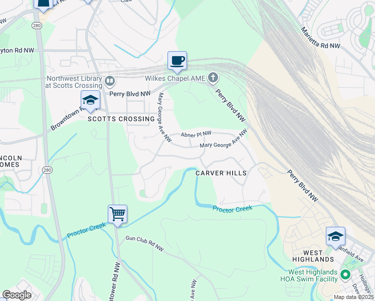 map of restaurants, bars, coffee shops, grocery stores, and more near 1654 Mary George Avenue Northwest in Atlanta