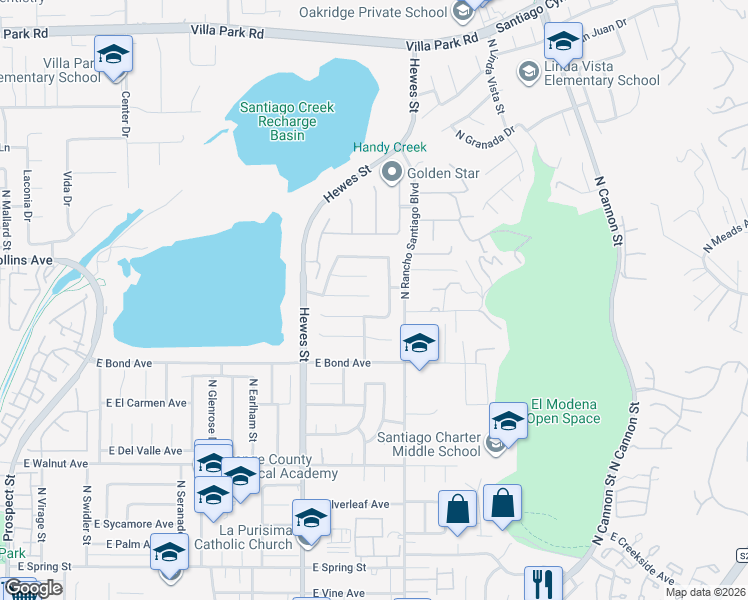 map of restaurants, bars, coffee shops, grocery stores, and more near 4730 East Blue Bird Avenue in Orange