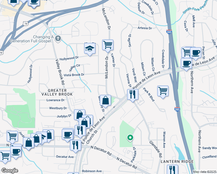 map of restaurants, bars, coffee shops, grocery stores, and more near 795 McLendon Drive in Scottdale