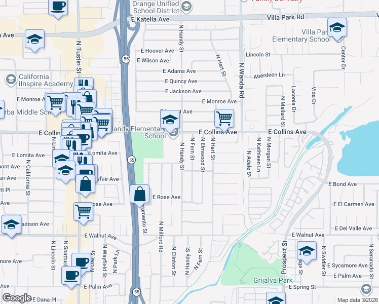 map of restaurants, bars, coffee shops, grocery stores, and more near 822 North Fern Street in Orange