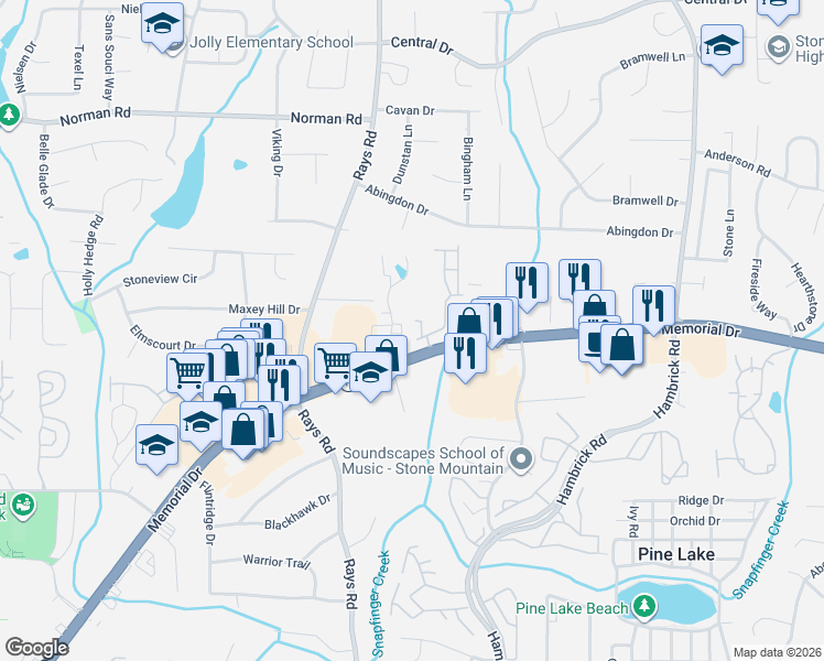 map of restaurants, bars, coffee shops, grocery stores, and more near 782 Whitman Court in Stone Mountain