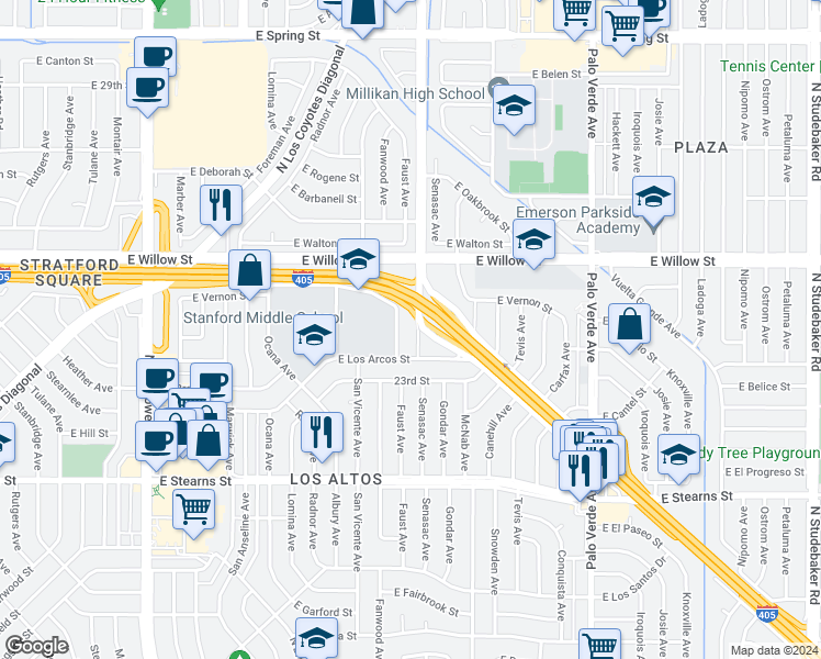 map of restaurants, bars, coffee shops, grocery stores, and more near 2361 Faust Avenue in Long Beach