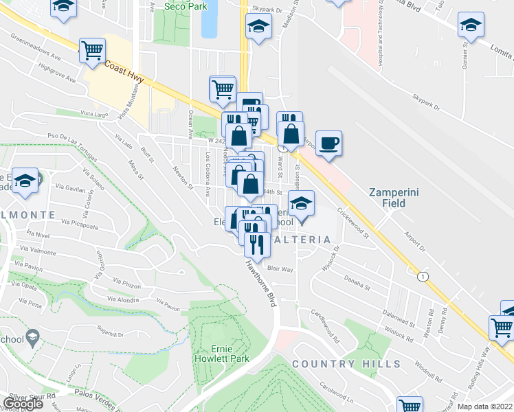 map of restaurants, bars, coffee shops, grocery stores, and more near 24421 Park Street in Torrance