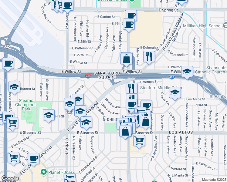 map of restaurants, bars, coffee shops, grocery stores, and more near 2451 Terraine Avenue in Long Beach