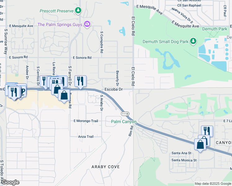 map of restaurants, bars, coffee shops, grocery stores, and more near 2925 Escoba Drive in Palm Springs