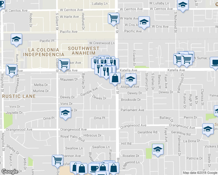 map of restaurants, bars, coffee shops, grocery stores, and more near 9921 Aldgate Avenue in Garden Grove