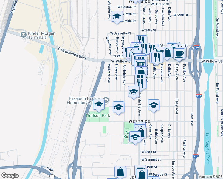 map of restaurants, bars, coffee shops, grocery stores, and more near 2033 West Burnett Street in Long Beach