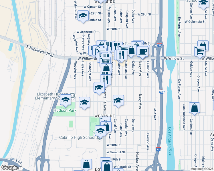 map of restaurants, bars, coffee shops, grocery stores, and more near 1625 West Burnett Street in Long Beach