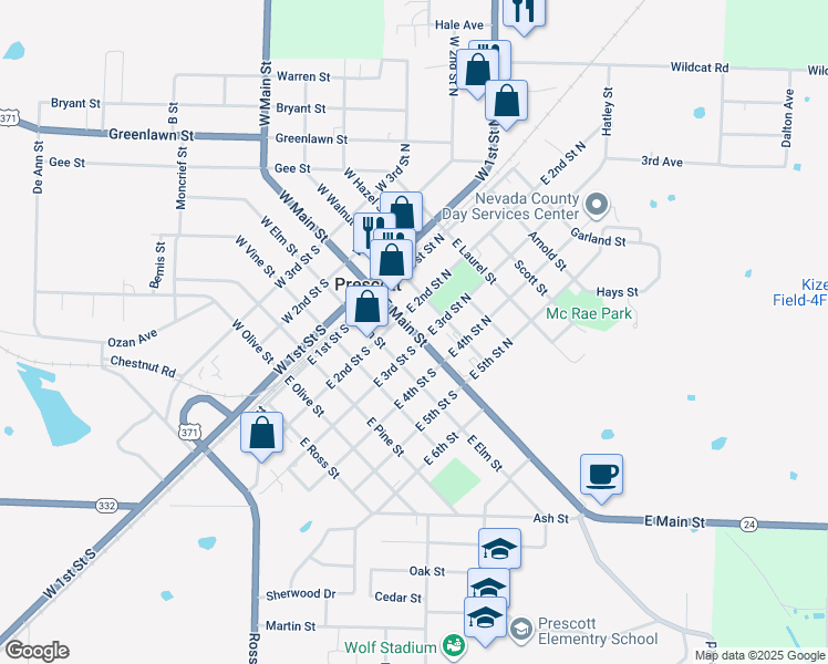 map of restaurants, bars, coffee shops, grocery stores, and more near 260 Arkansas 24 in Prescott