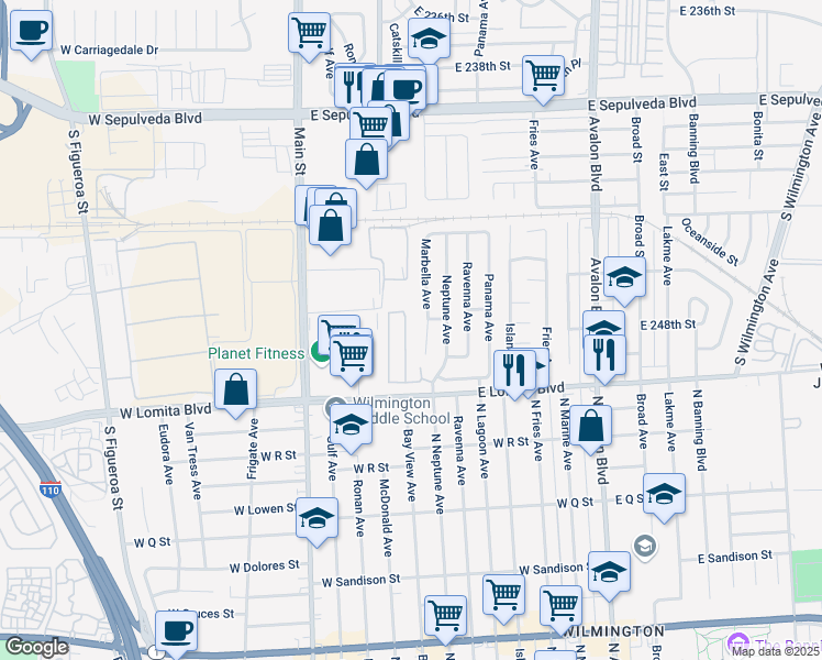 map of restaurants, bars, coffee shops, grocery stores, and more near 24706 Marbella Avenue in Carson