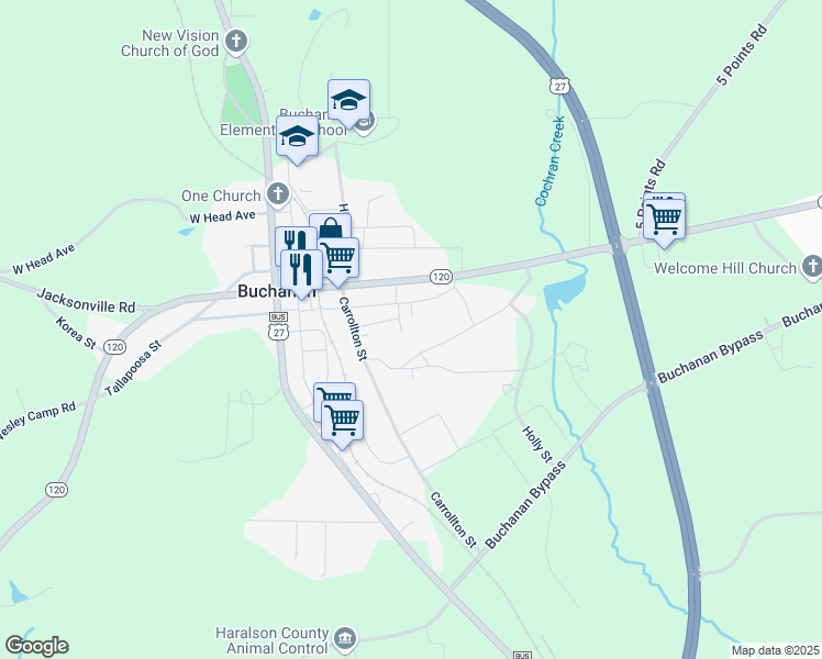 map of restaurants, bars, coffee shops, grocery stores, and more near 32 Verner Lane in Buchanan