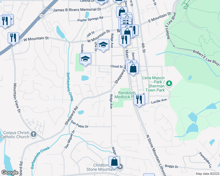 map of restaurants, bars, coffee shops, grocery stores, and more near 802 Ridge Avenue in Stone Mountain
