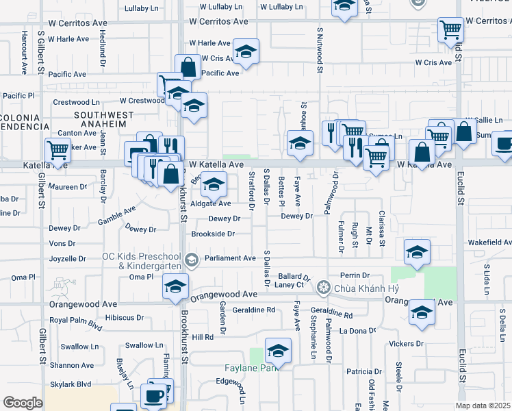 map of restaurants, bars, coffee shops, grocery stores, and more near 11142 Stratford Drive in Garden Grove