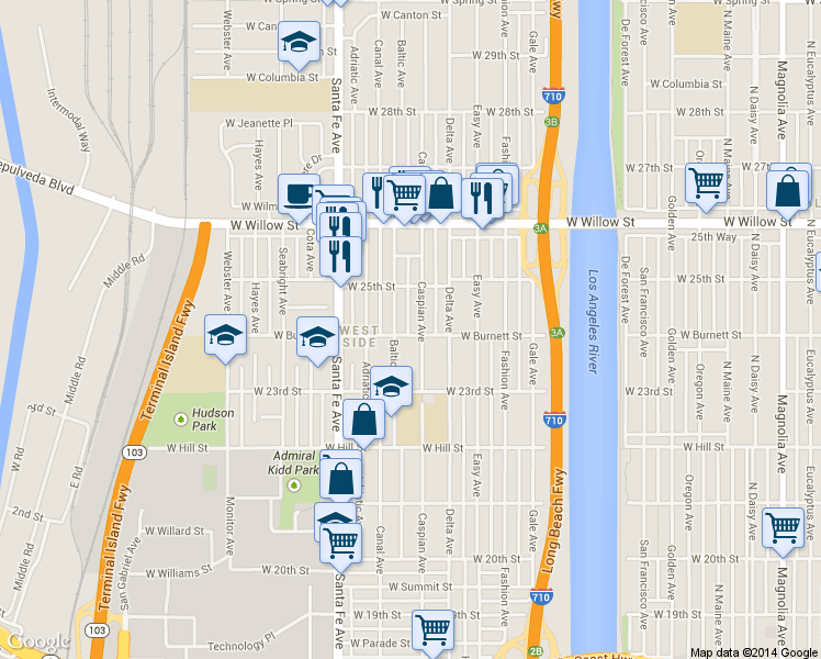 map of restaurants, bars, coffee shops, grocery stores, and more near 1517 West Burnett Street in Long Beach