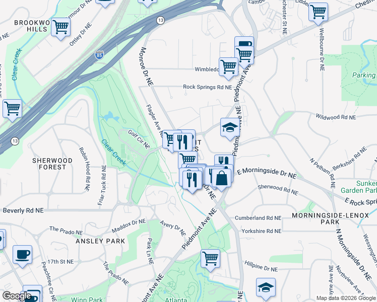 map of restaurants, bars, coffee shops, grocery stores, and more near 638 Ansley Circle Northeast in Atlanta
