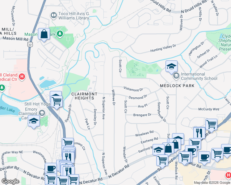 map of restaurants, bars, coffee shops, grocery stores, and more near 2216 Desmond Drive in Decatur