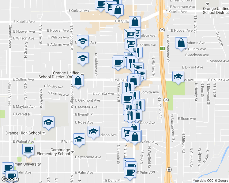 map of restaurants, bars, coffee shops, grocery stores, and more near 1419 East Lomita Avenue in Orange