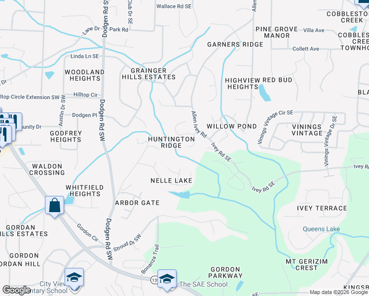 map of restaurants, bars, coffee shops, grocery stores, and more near 6233 Huntington Ridge Road in Mableton