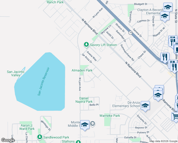 map of restaurants, bars, coffee shops, grocery stores, and more near 1564 Chardonnay Place in San Jacinto