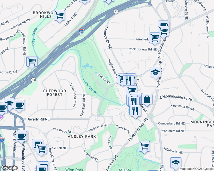 map of restaurants, bars, coffee shops, grocery stores, and more near 200 Montgomery Ferry Drive Northeast in Atlanta