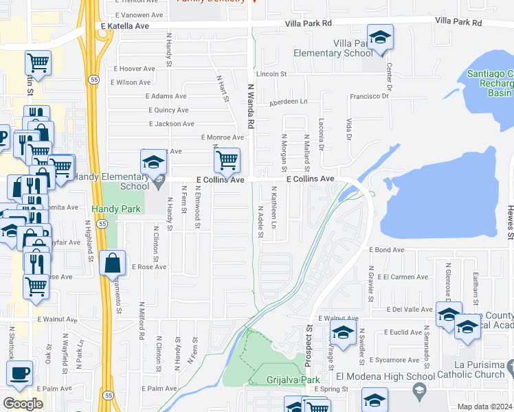 map of restaurants, bars, coffee shops, grocery stores, and more near 820 North Adele Street in Orange