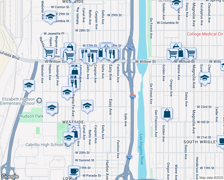 map of restaurants, bars, coffee shops, grocery stores, and more near 1335 West Burnett Street in Long Beach