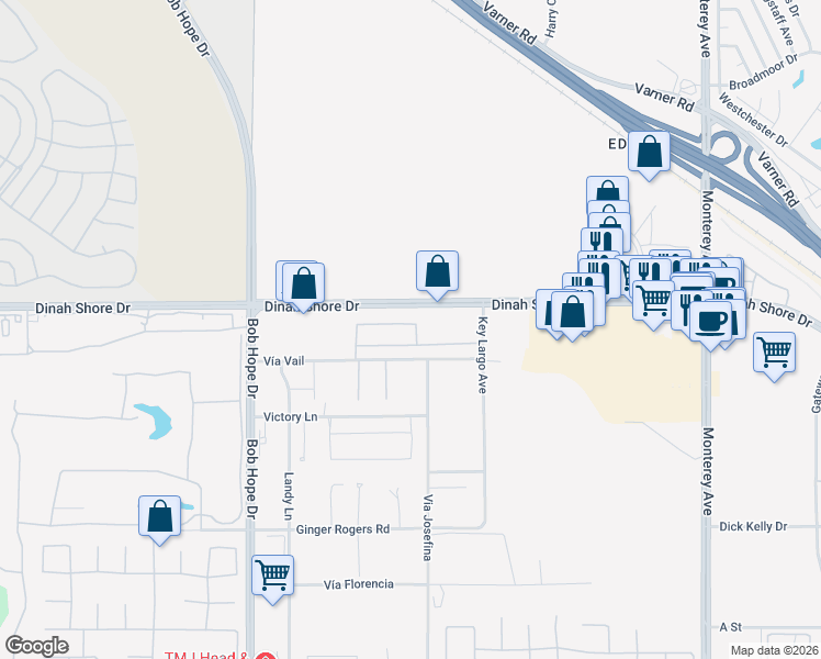 map of restaurants, bars, coffee shops, grocery stores, and more near 160 Saint Thomas Place in Rancho Mirage
