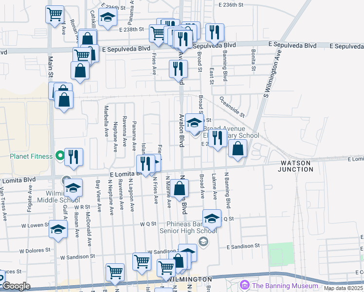 map of restaurants, bars, coffee shops, grocery stores, and more near 24801 Avalon Boulevard in Los Angeles