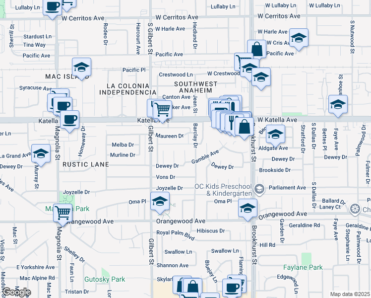 map of restaurants, bars, coffee shops, grocery stores, and more near 11132 Huber Street in Garden Grove